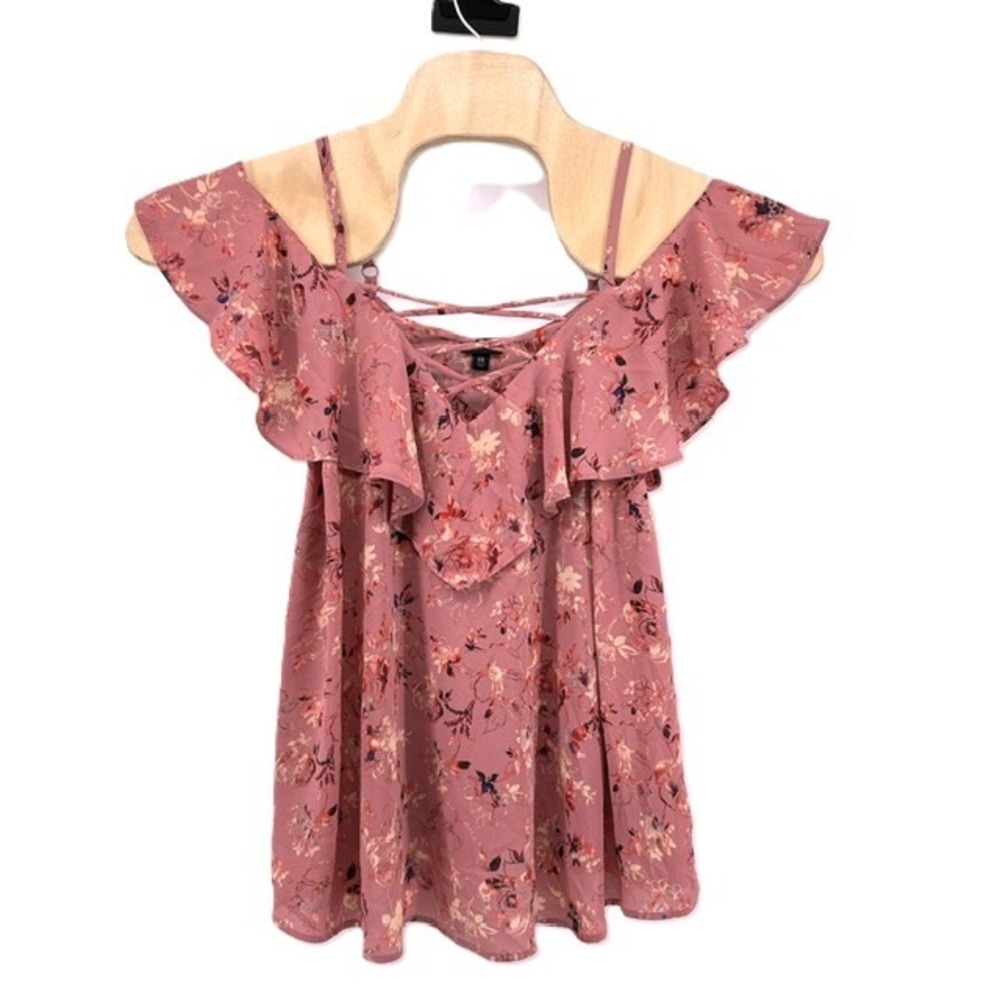 Torrid Georgette Floral Cold Shoulder Ruffle Lace Up Blouse 00 M/L 10 Dusty Rose
